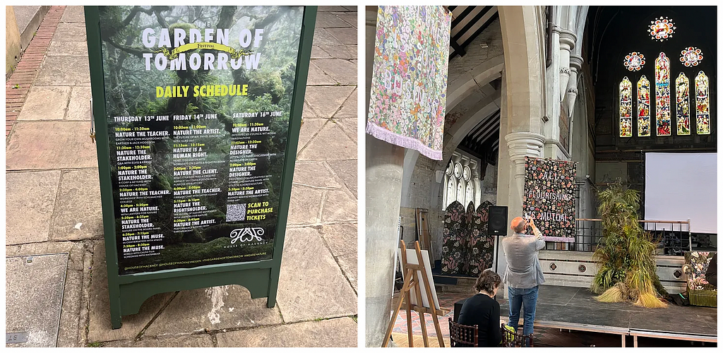 The Garden of Tomorrow Festival sandwich board with list of panel discussions, and inside St.Michael + All Angels church in Hackney with stained glass window and House of Hackney signature floral furnishings.