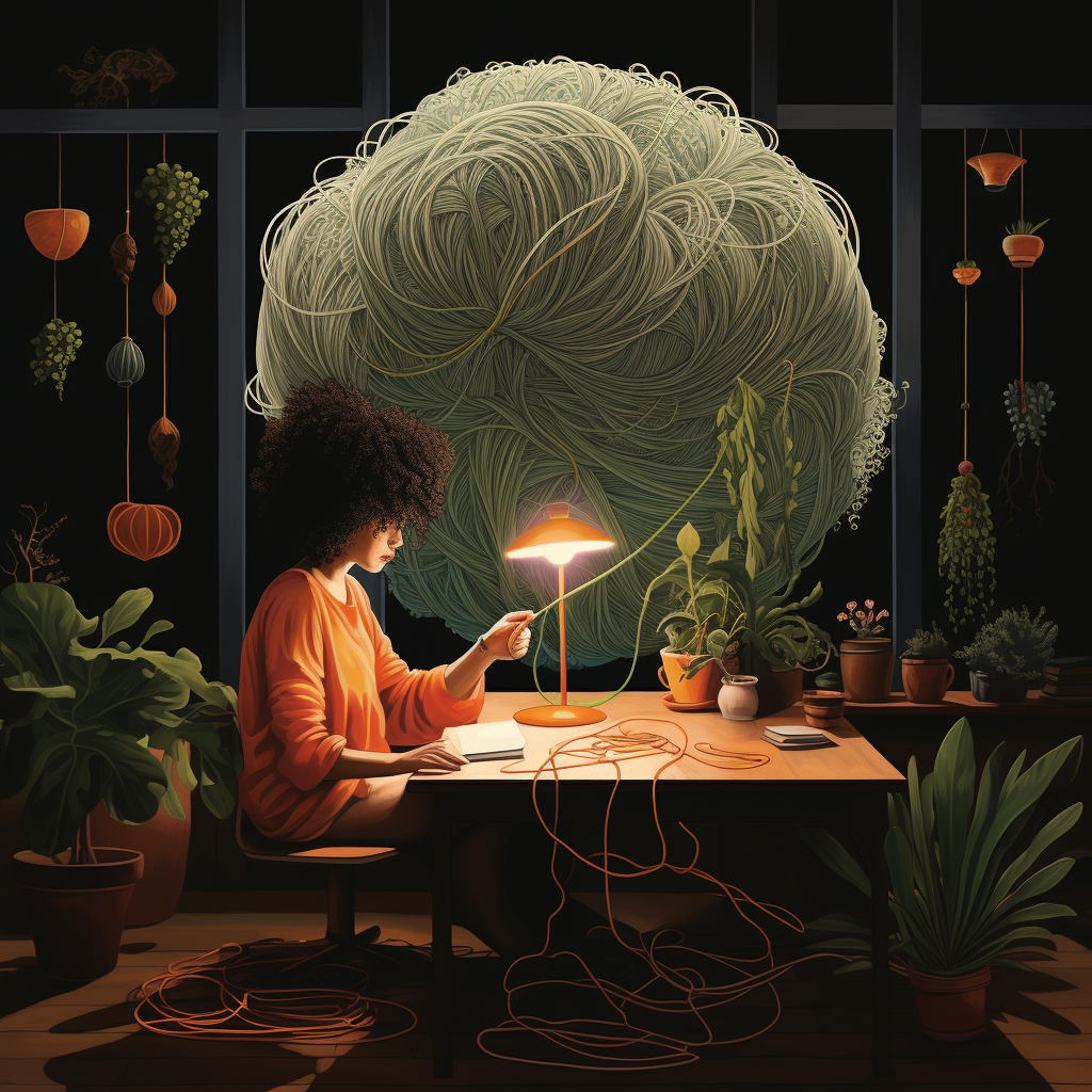 Woman at desk surrounded by plants slowly untangles large ball of yarn one bit at a time.