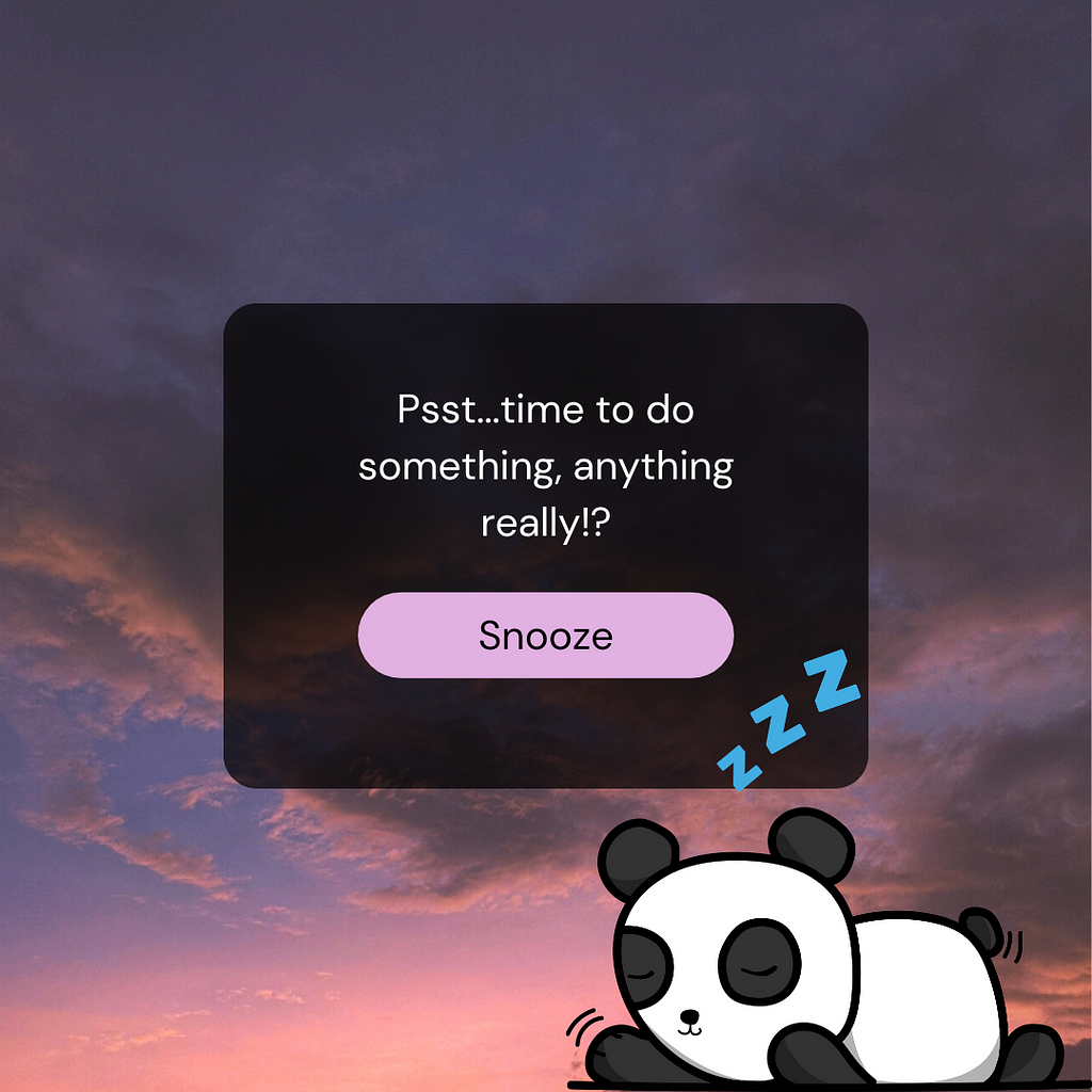 Panda sleeping while notifications get snoozed. Snoozing your life is procrastinating.