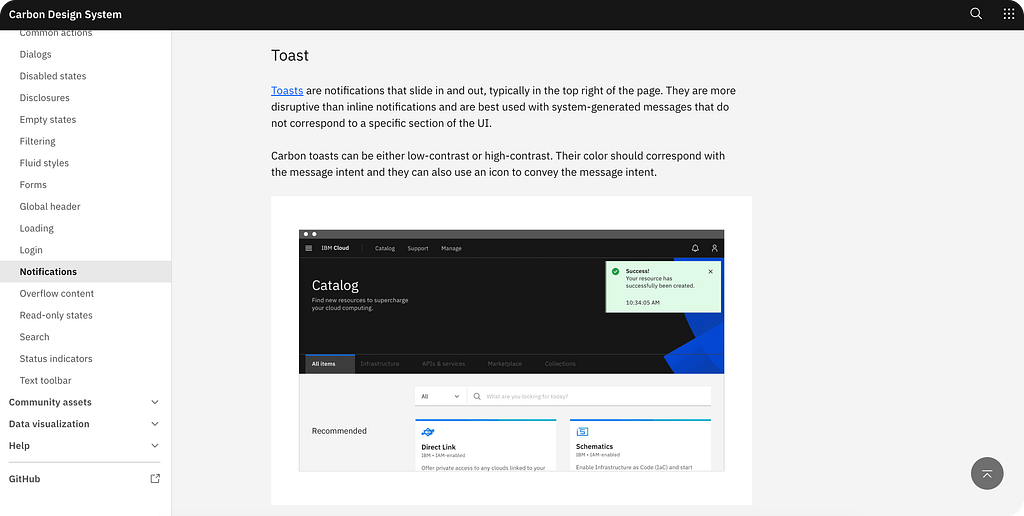 IBM Carbon’s documentation for its Notifications pattern that shows text blocks and imagery