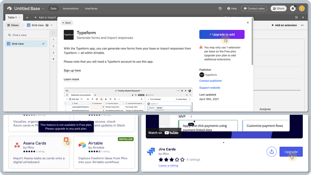 A composition of three screenshots showing a close-up of Airtable and Miro’s marketplaces, highlighting upgrade prompts or badges. The first row focuses on Airtable, showing Typeform’s app detail with the “Upgrade to add” button highlighted. The second row shows screenshots from Miro. The first screenshot highlights a badge, which shows the tooltip “This feature is not available in a Free plan. Please upgrade to any paid plan”. The second one highlights a button labeled “Upgrade”.