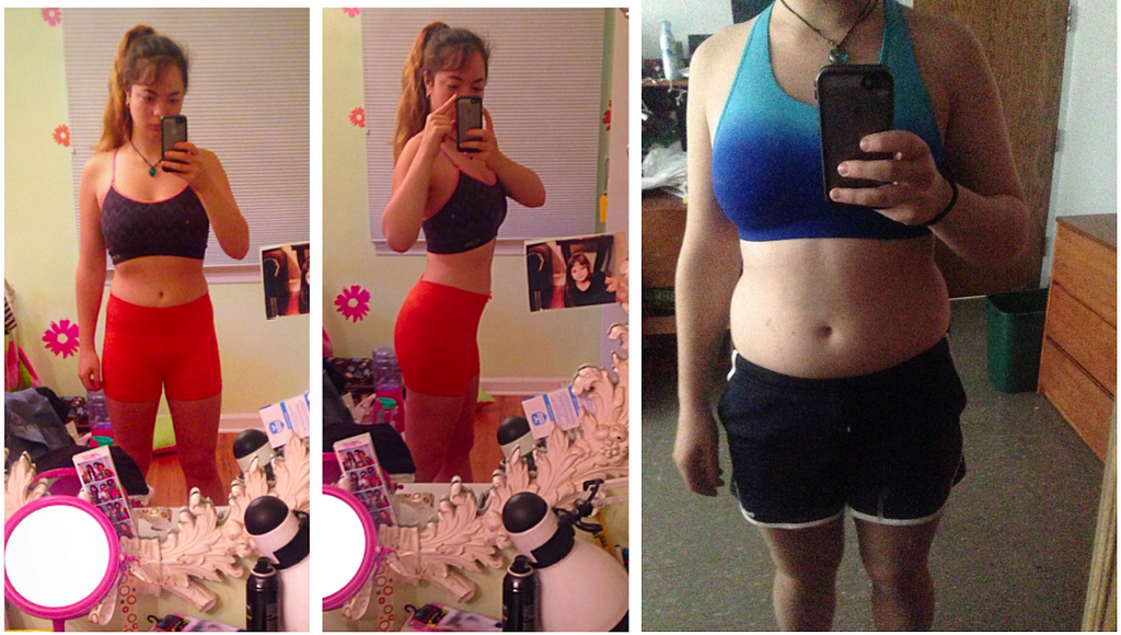 There are two pictures of the author wearing workout clothing. The second image shows a small amount of weight gain.