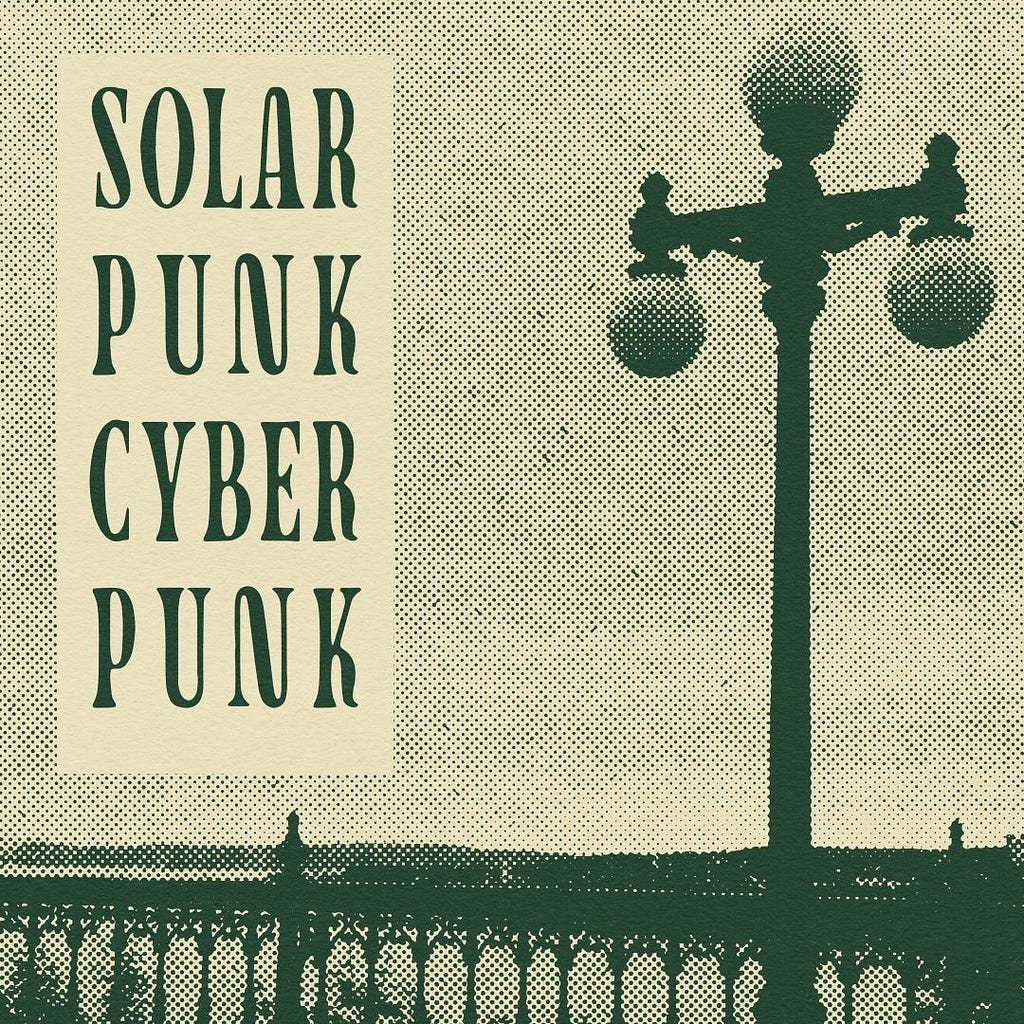 A halftone photo of the view of the St. Lawrence River seen from the Quebec city boardwalk, with the words “solarpunk cyberpunk.” (Listen it doesn’t have to make sense, it looks nice.)