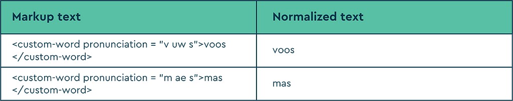 A table explaining the speech technology markup language for custom words.