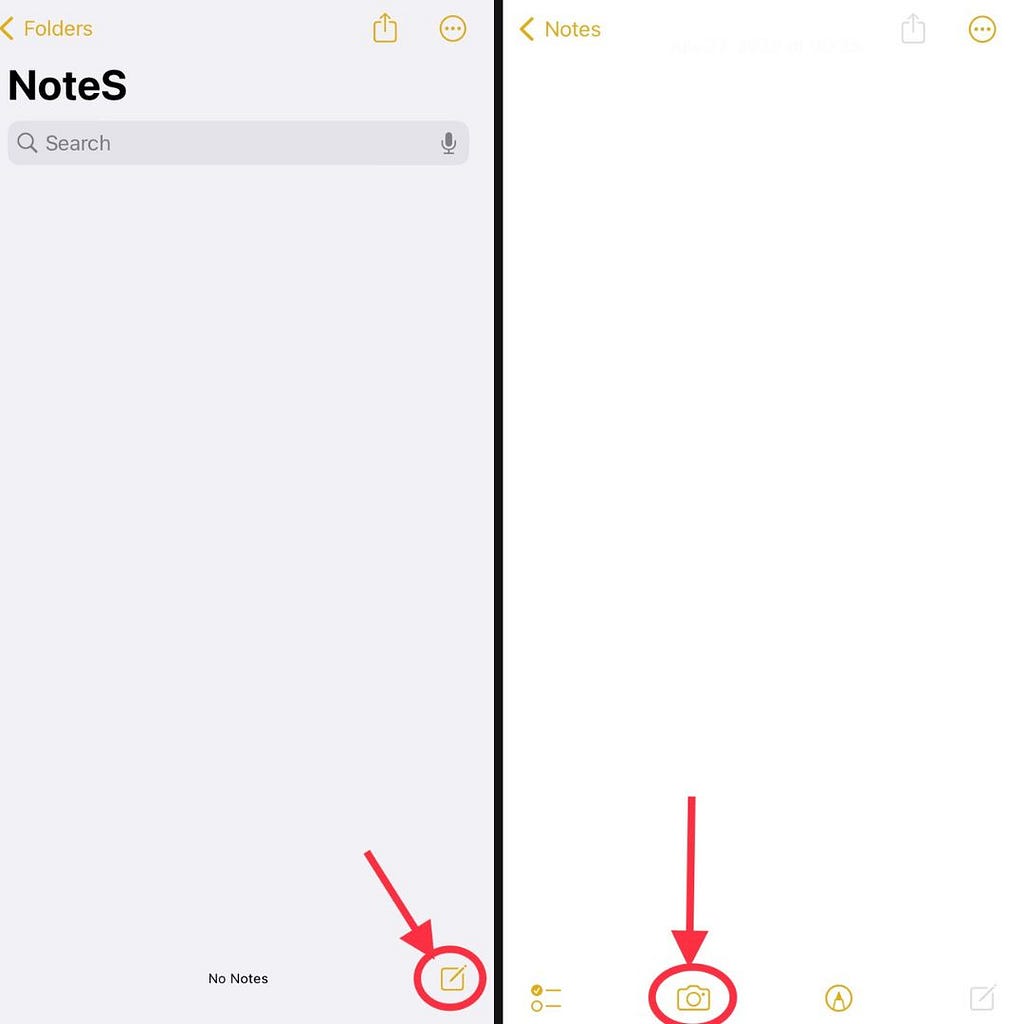 Screenshots Showing How to Scan Documents by Using Camera in iOS Notes App.