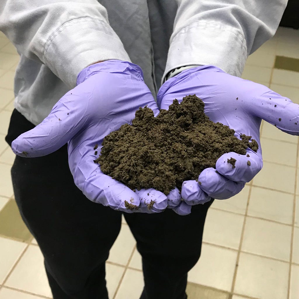 hands full of black dewatered biosolid sludge
