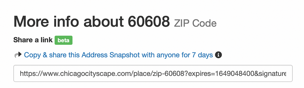 Screenshot showing the “ShareLink” for a Place Snapshot.