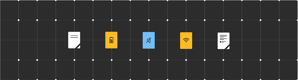 A graphical element showcasing icons of a notebook, battery, mute, wifi and questionnaire.