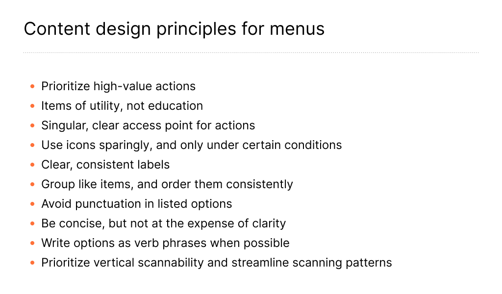Image of content design principles for menus, such as ‘Use icons sparingly’ and ‘Write options as verb phrases.’