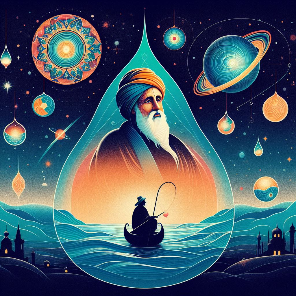 This picture shows Poet Rumi wearing a turban with a flowing white beard. He is shown in a water drop, just above the ocean. Multiple planets are shown depicting the universe.