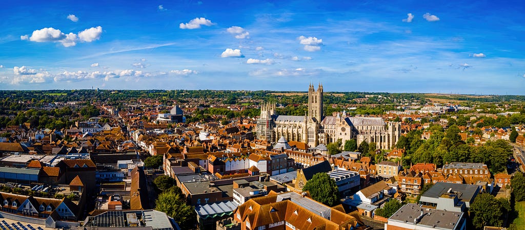An aerial view of Canterbury with the Cathedral in the centre of the image