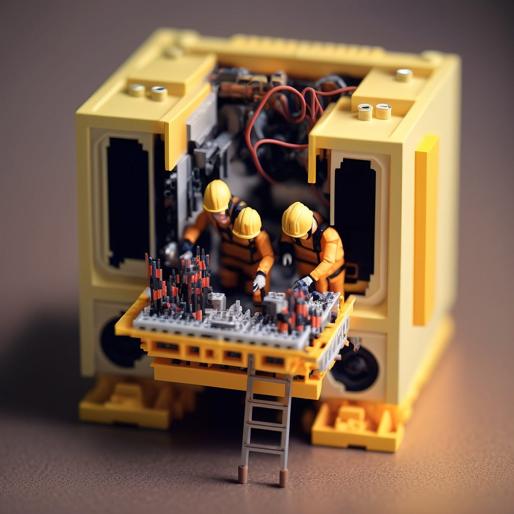 Immagine decorativa con omini stile Lego che collaborano per il cablaggio di alcuni relay