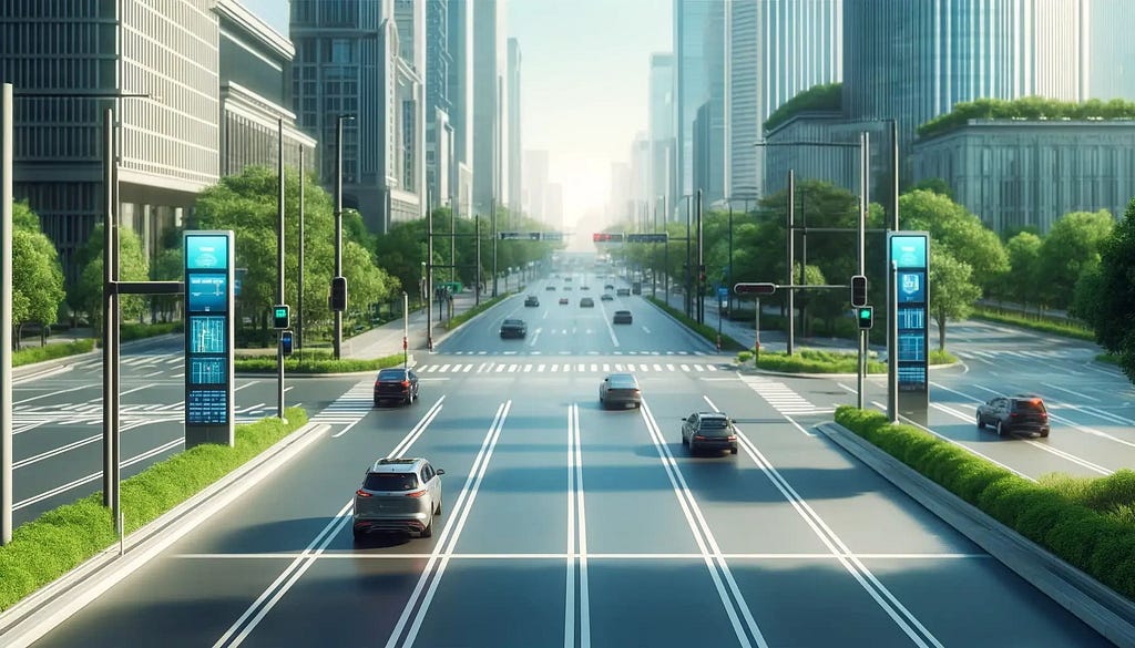 Live traffic view of a clean, modern road in a smart city with minimal cars and clear digital signs.