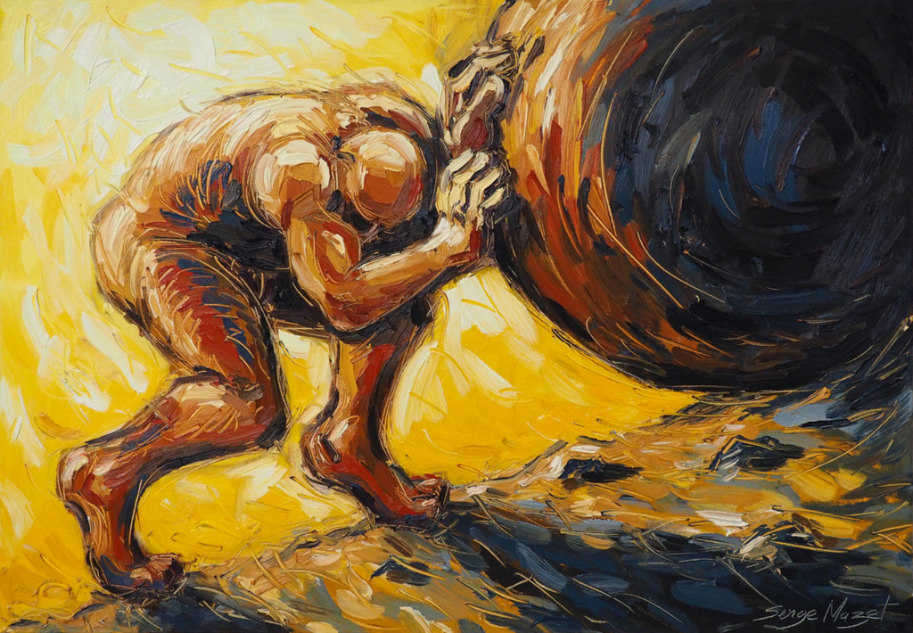 sisyphus working hard rolling a boulder up a mountain