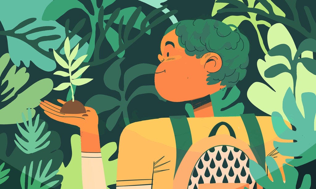Illustration of a student holding a sapling in the palm of her hand