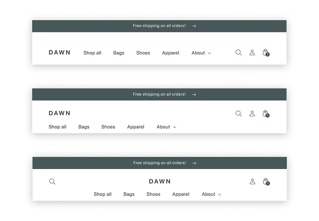 Three different layouts of the navigation in Dawn.