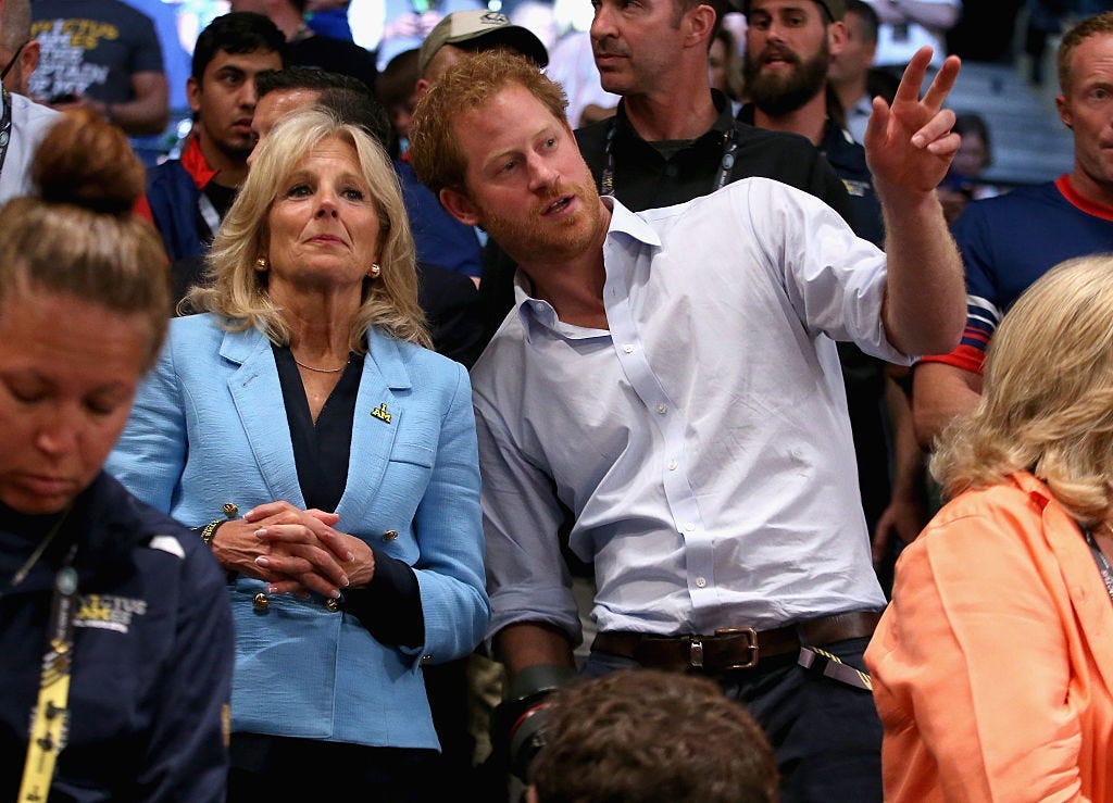 Jill Biden and Prince Harry at the Invictus Games in Orlando, Florida, in May 2016.