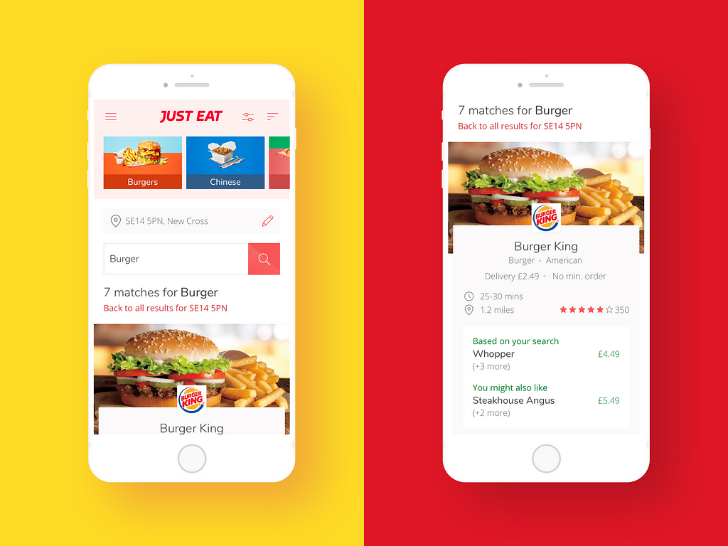 Just Eat, mobile dish search and results screen visual