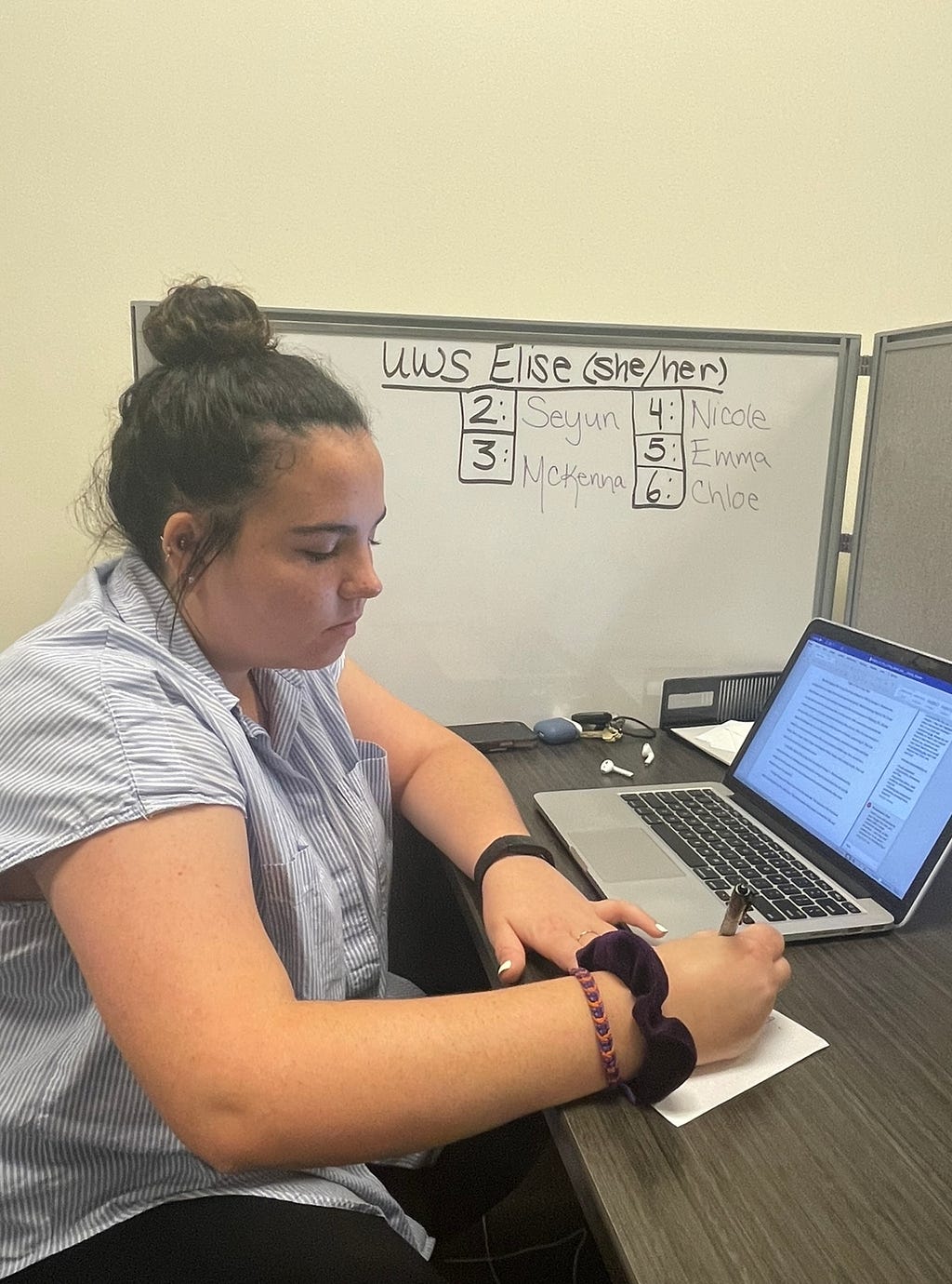 Taking notes while doing asynchronous consultations is essential for Elise Pinsonneault because she says, “it allows me to make better comments on the student’s papers and not forget anything while sending an email back to the student.” At this particular time, on September 25, 2022, in the Busch Student Center, Elise Pinsonneault is making a note to go back and check the student’s citations after reading through the whole paper.