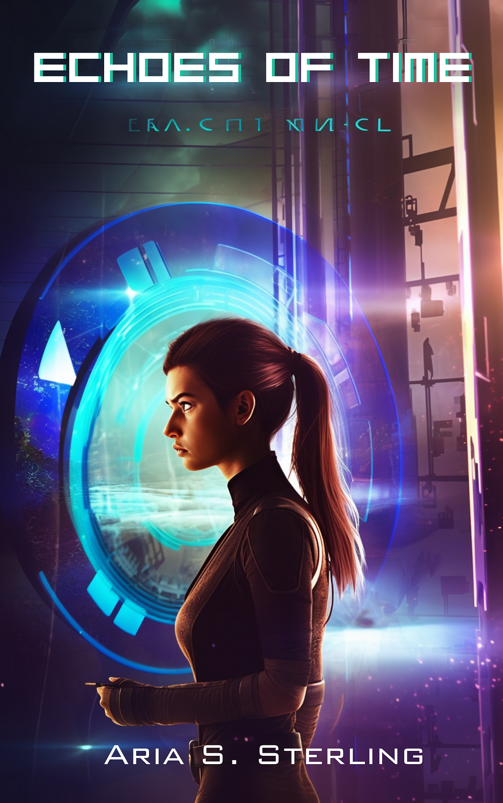 Create a captivating and mysterious book cover for a futuristic, sci-fi mystery thriller titled “Echoes of Time.” The cover should feature a female protagonist, Lena, with an intense and determined expression, standing amidst a dimly lit, technologically advanced laboratory. The background should contain holographic screens displaying fragmented images of memories, hinting at the memory-manipulation theme. Incorporate elements of time distortion, such as clocks or hourglasses with a futuristic t