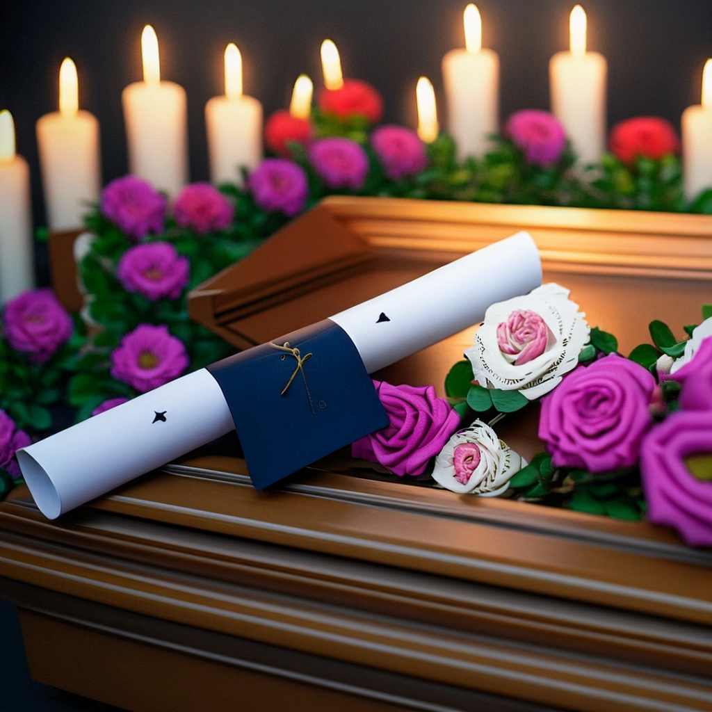 A white paper scroll that is presumed to be a diploma lays atop a wooden coffin that is covered in and surrounded by purple, white, and red flowers, giving the overall impression of a funeral for the diploma.