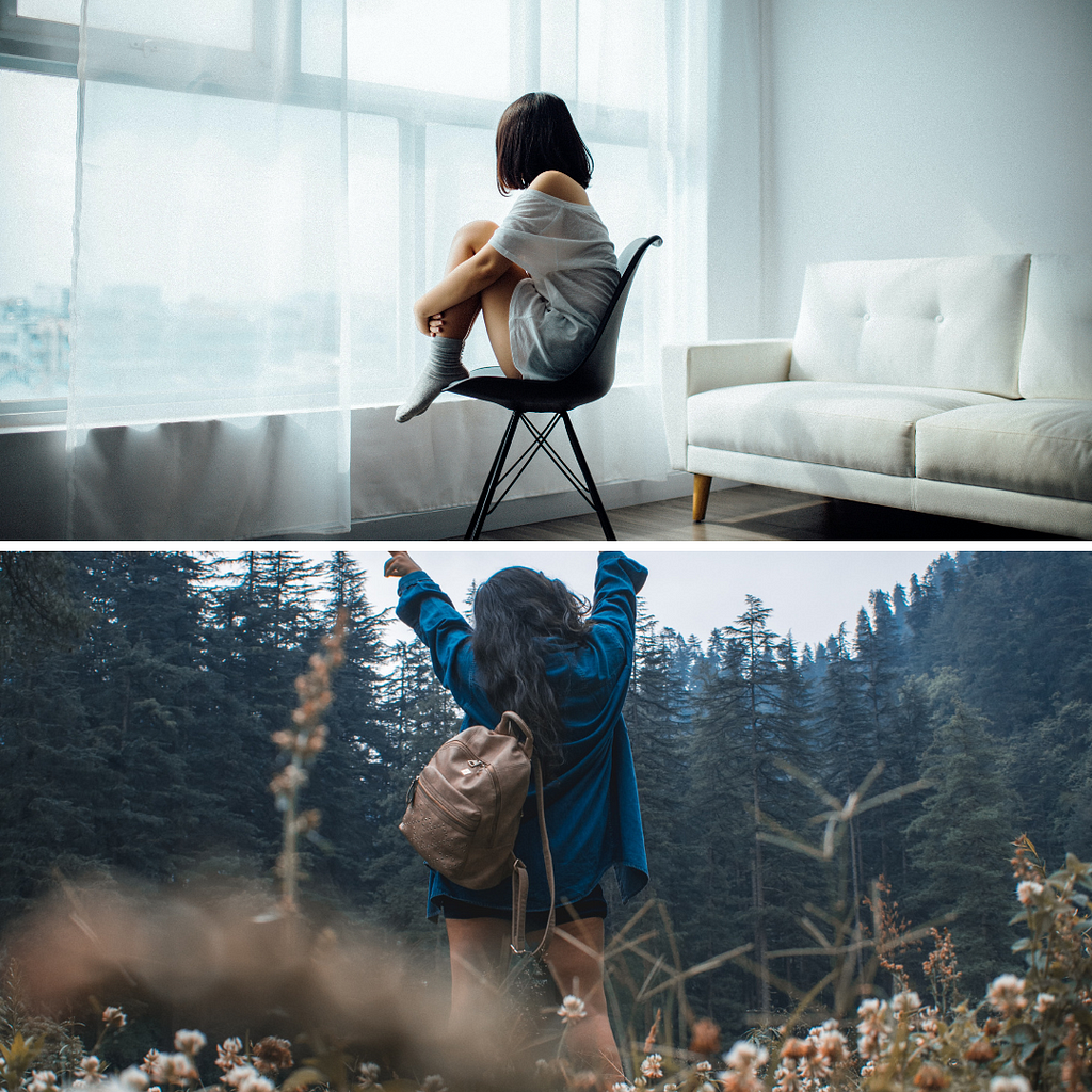 A girl sitting alone in front of a window(above). A girl enjoying the moment surrounded by trees(below).