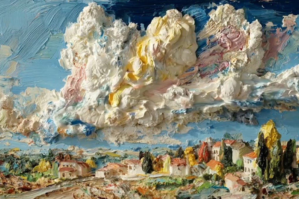 A painted scene of a countryscape with a small village and big tufts of clouds in the sky made with AI