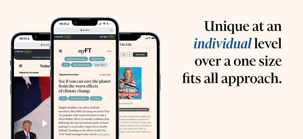Three images of prototypes of the FT app with text stating “Unique at an individual level over a one size fits all approach”