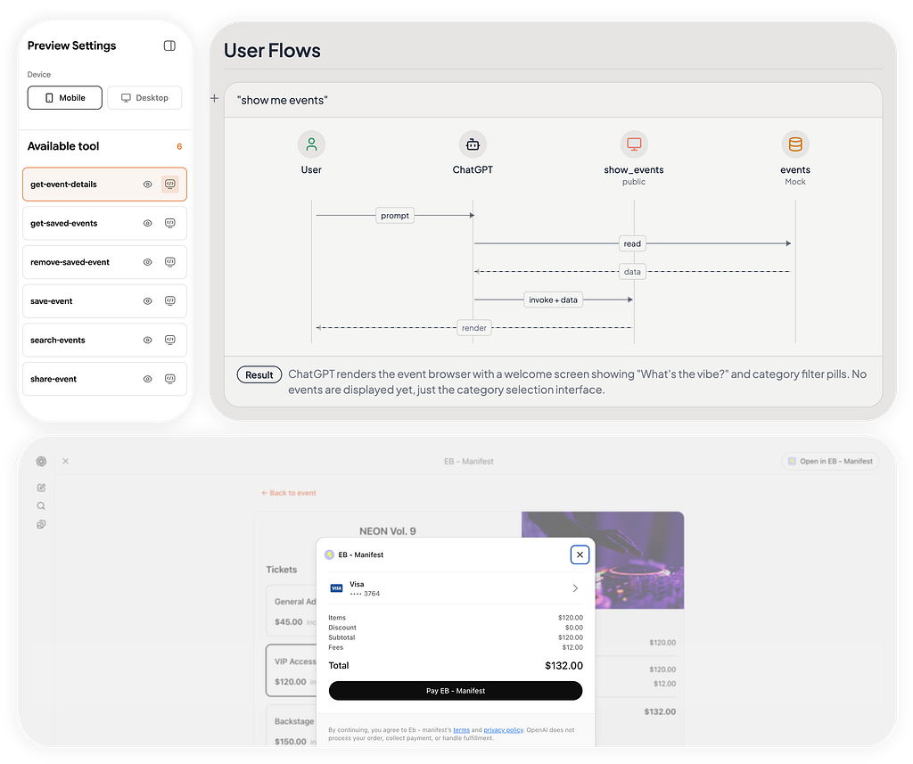 Split screen showing screengrab from various softwares. User flow diagram titled “User Flows — ‘show me events’,” illustrating interactions between a user, ChatGPT, a public tool, and a mock events service, with steps labeled read, invoke, and render.