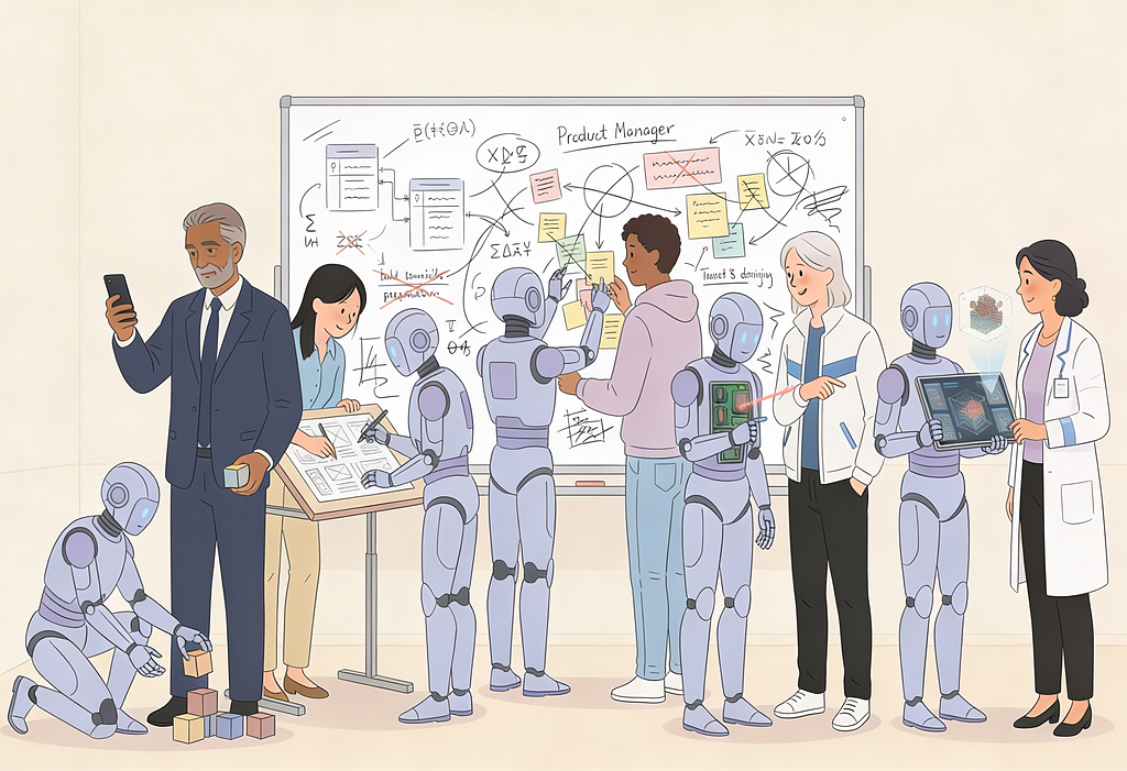 Illustration of a product team — humans and humanoid robots crowded around a whiteboard, each absorbed in a separate task, none interacting. The roles: a business stakeholder in a suit checking his phone while holding a colored cube, a designer sketching wireframes, a product lead in a hoodie placing sticky notes, a programmer gesturing at the board, and a specialist in a lab coat with a tablet. Robots work separately nearby. The whiteboard is dense with equations and crossed-out diagrams.