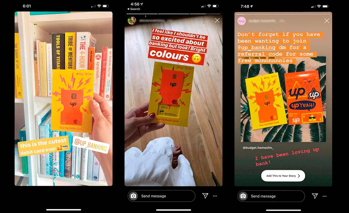 GIF showing users sharing their new Up debit card on their instagram stories.