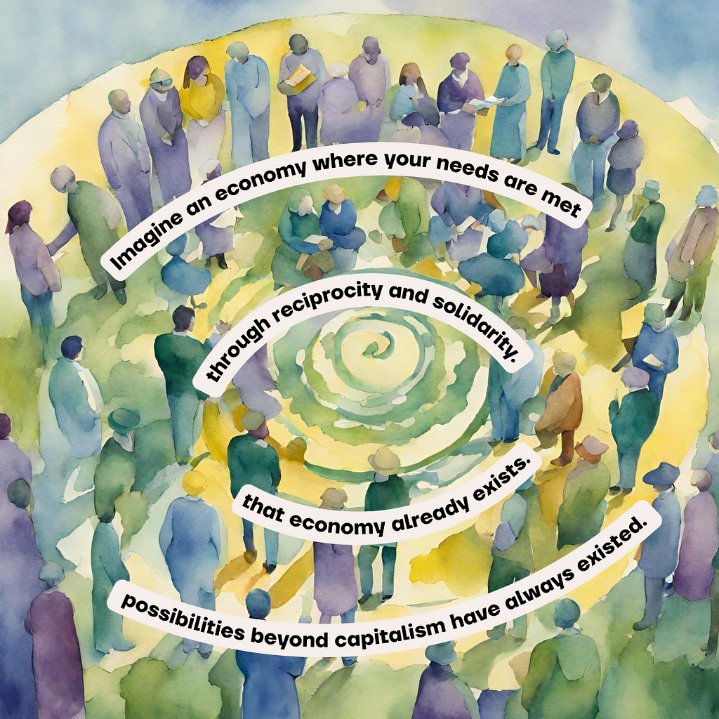 A blue / green / yellow / purple abstract watercolor illustration of people standing and sitting in a spiral conversing with black text highlighted in white overlayed.