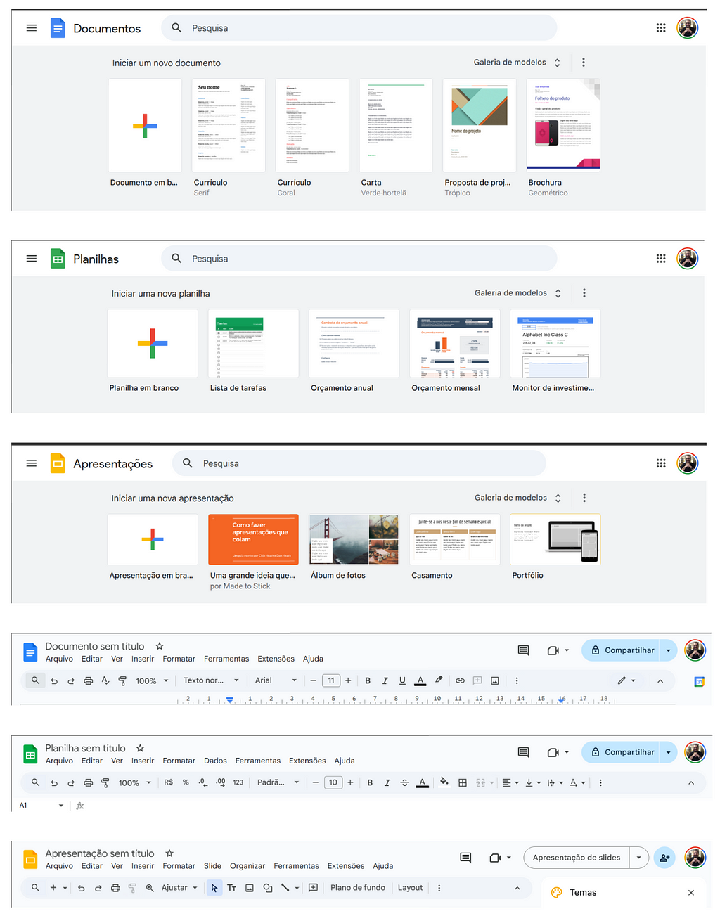 Captura de tela do Google Documentos / Google Planilhas / Google Apresentações, mostrando a semelhança entre eles.