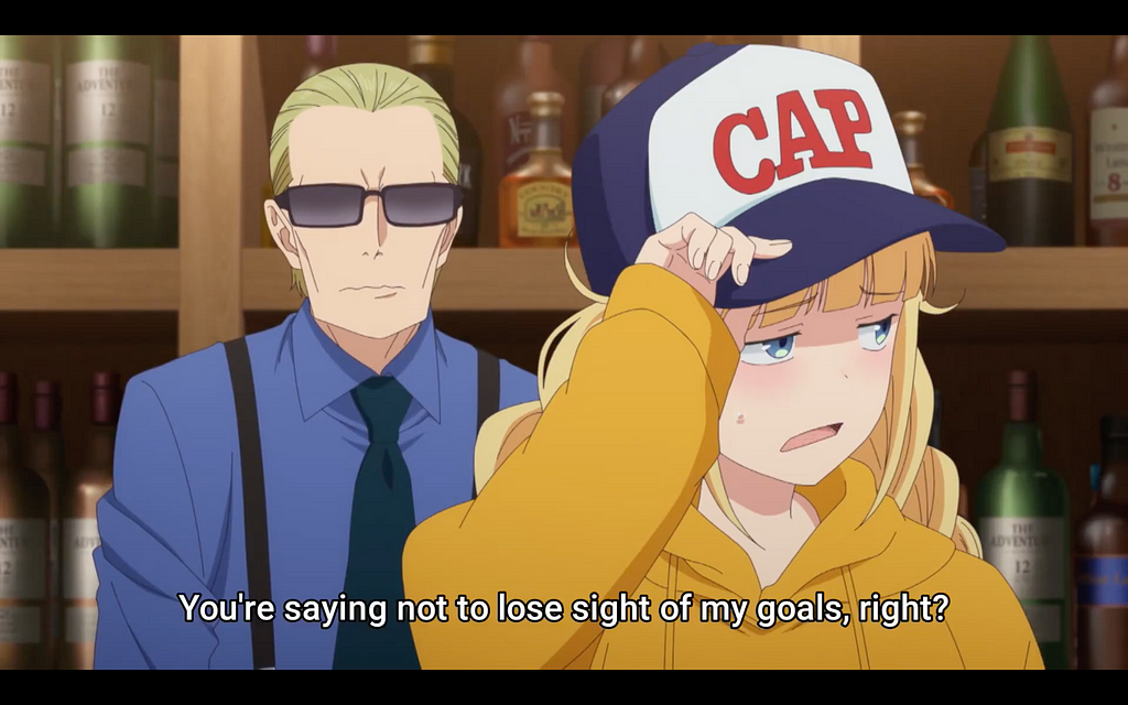 Eiko turning away from the club owner (referred to usually as just Owner) wearing a cap that says “CAP” on it, and saying “You’re saying not to lose sight of my own goals, right?”