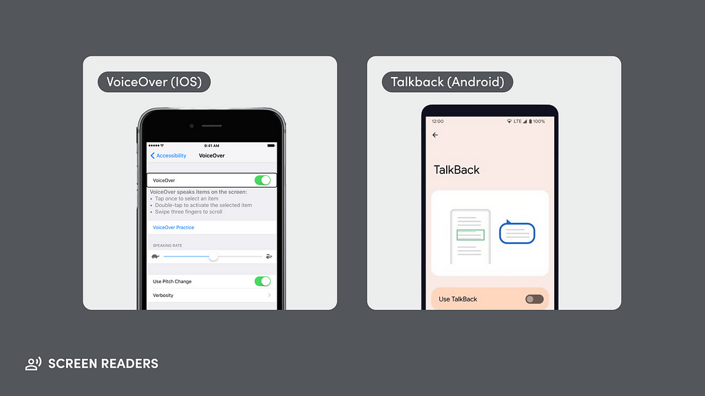 Images of built-in screen readers for different mobile devices. On the left is the iOS screen reader called ‘VoiceOver,’ and on the right is the Android screen reader called ‘TalkBack.’”