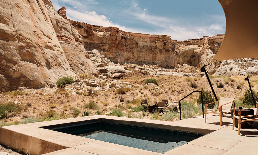 Luxury wellness resort AMAN Utah pool overlooking the rocky mountains.