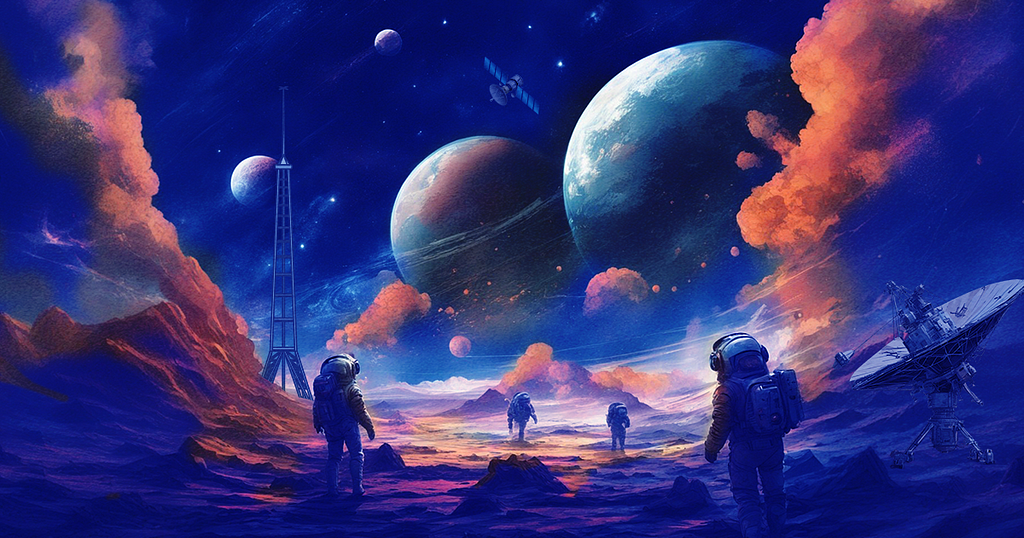 Image of space explorers walking on a planet’s surface, surrounded by satellites and radios.
