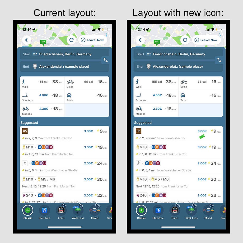 Two screenshots of the citymapper app: one with the current layout and the other with the new ticket icon placed under the ticket price.