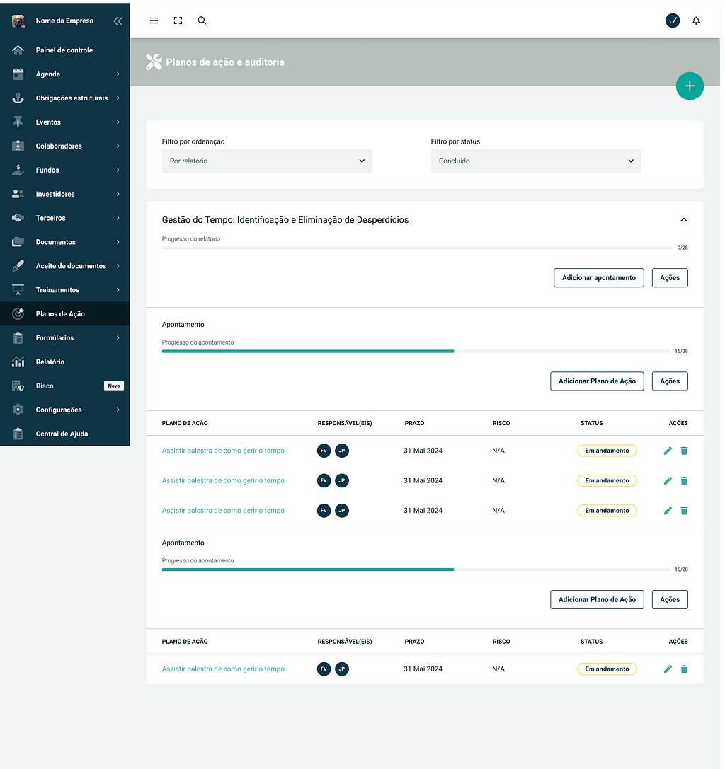 Interface do sistema Compliasset na página ‘Planos de Ação e Auditoria’. No lado esquerdo, há um menu de navegação vertical com opções como ‘Painel de controle’, ‘Agenda’, ‘Investidores’, ‘Planos de Ação’, e ‘Configurações’. Na área principal, estão disponíveis filtros para ordenação (‘Por relatório’) e status (‘Concluído’). Abaixo, é exibida a seção ‘Gestão do Tempo: Identificação e Eliminação de Desperdícios’, com barras de progresso indicando o avanço dos relatórios e apontamentos.