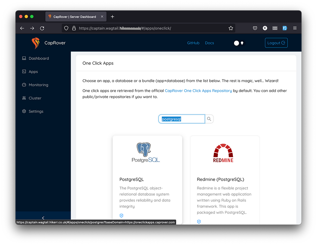 screenshot: Select PostgreSQL from the One Click Apps