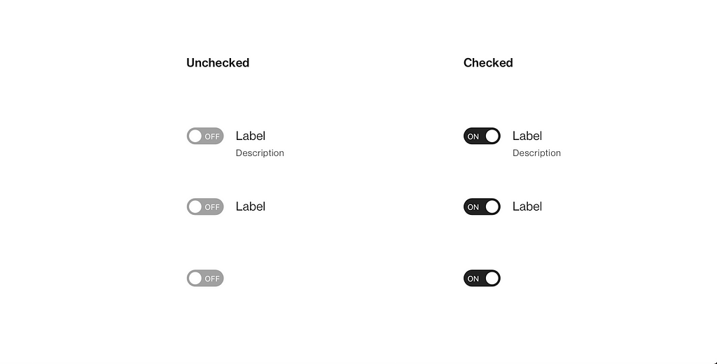 Checked and unchecked states of Switches. Preview does not include disabled nor focused states.