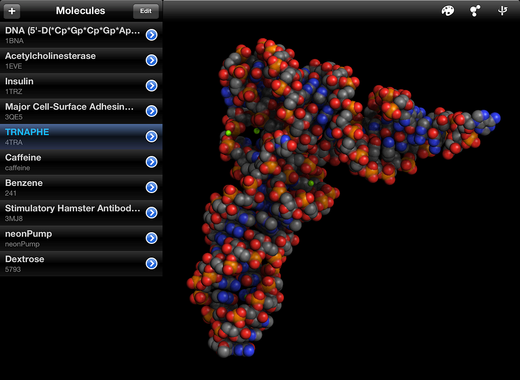 An image of the iPad interface to Molecules, with a list of molecular structure names on the left and a 3-D visualization of a transfer RNA molecule on the right.