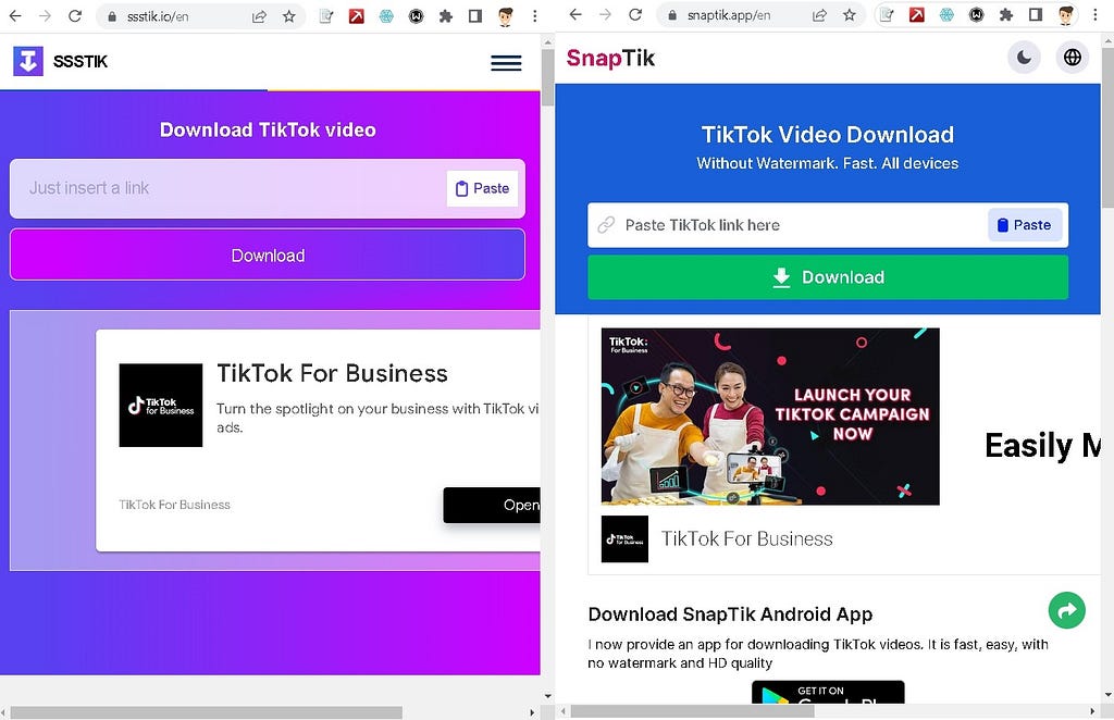 A screenshot showing a comparison of the homepages between SnapTik and SSSTiktok.