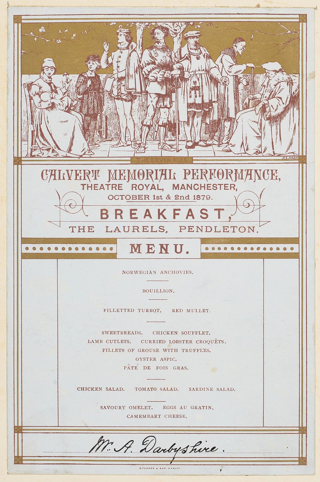 Breakfast menu printed in gold with design at head showing seven figures in Shakespearean dress, five standing, two seated.