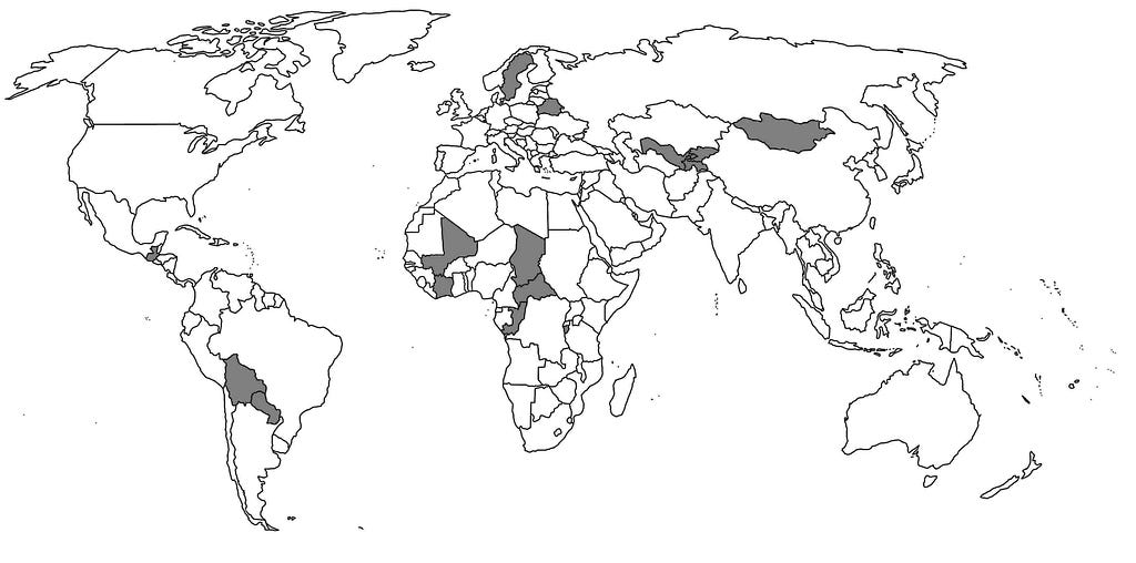 Map of the world with the nations marked that England never invaded. There are 195 nations in the world, but only 15 nations are marked: Guatemala, Bolivia, Paraguay, Côte D’Ivoire, Mali, Chad, Central African Republic, Congo, Burundi, Sweden, Belarus, Uzbekistan, Tajikistan, Kyrgyzstan, and Mongolia.