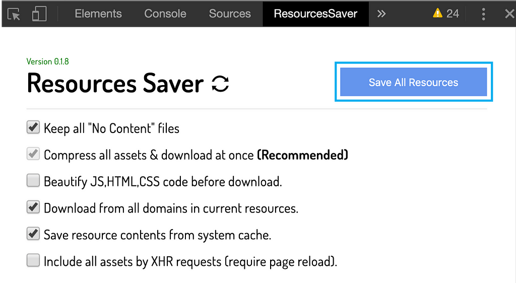 Screenshot of the “Resources Saver” screen with the “Save All Resources” button highlighted