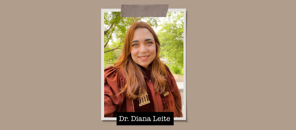 a photo of Dr. Diana Leite, the author, in her doctoral robes from the University of Texas at Austin.