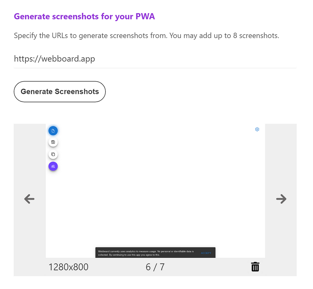An image of the screenshot generator on PWABuilder
