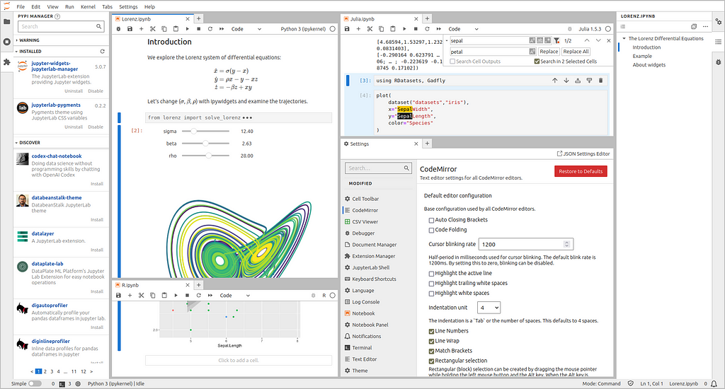 A screen shot of JupyterLab 4, showing many of its new and improved features.