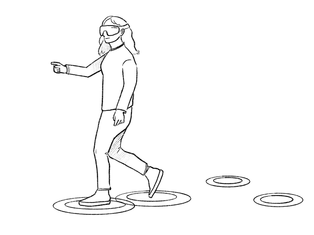 Sketch of a person walking with a VR headset on. Their previous steps are visible behind them